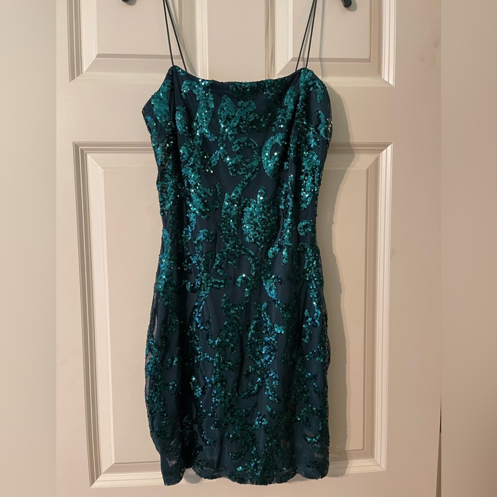Green Sequin Mini Dress with Spaghetti Straps - Picture 2 of 6